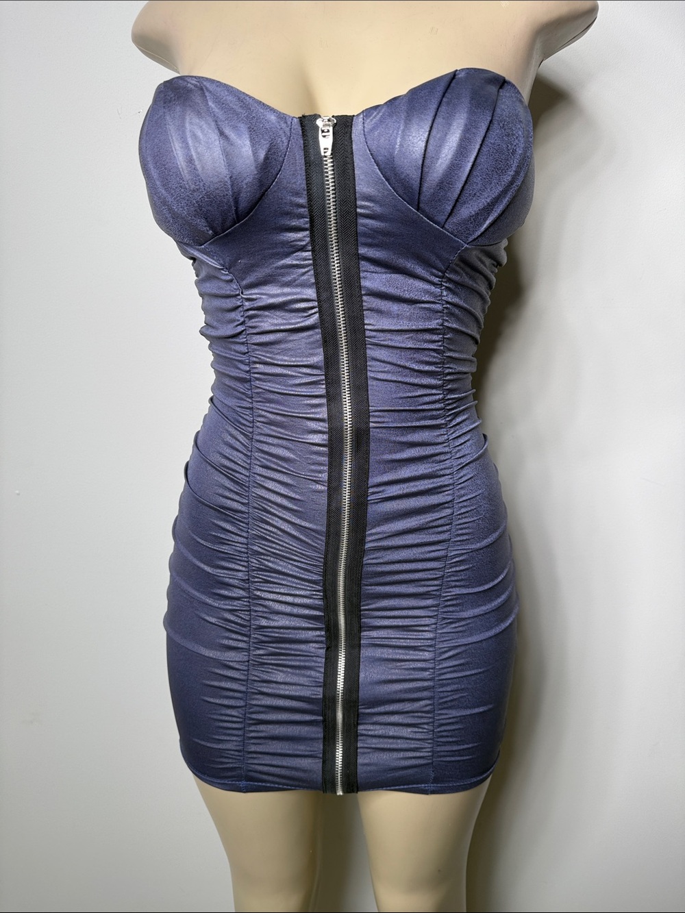 Symphony Strapless Midnight Blue Ruched Bodycon Dress with Front Zip